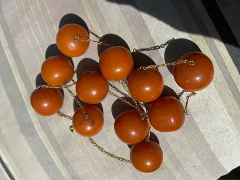 Collier ancien 1930 Caramelo Faturan Bakélite 174g placa ouro conserto formiga vin
